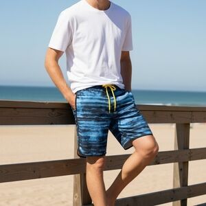 Men's Blue Tie-Dye Swim Trunks with Yellow Drawstring